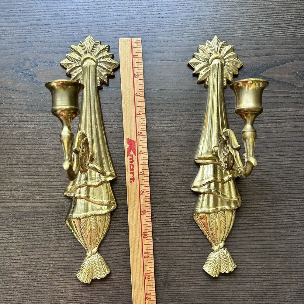 Vintage-2 x Brass Wall Sconces 12” Candle Ornate Holders Swivel Arm Made India